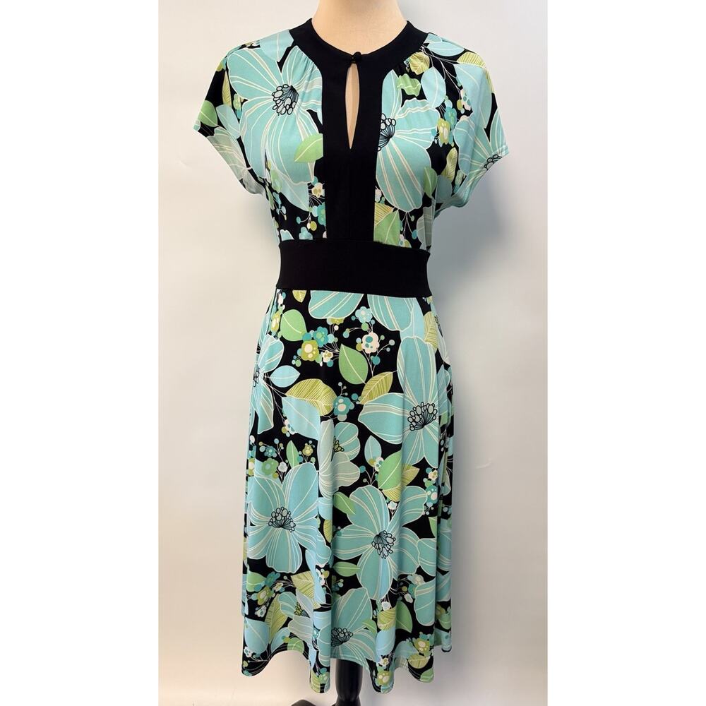 Y2K Dress Midi Mod Sz 4 Groovy Floral Colorful Retro‎ Tie Back Contrasting Waist